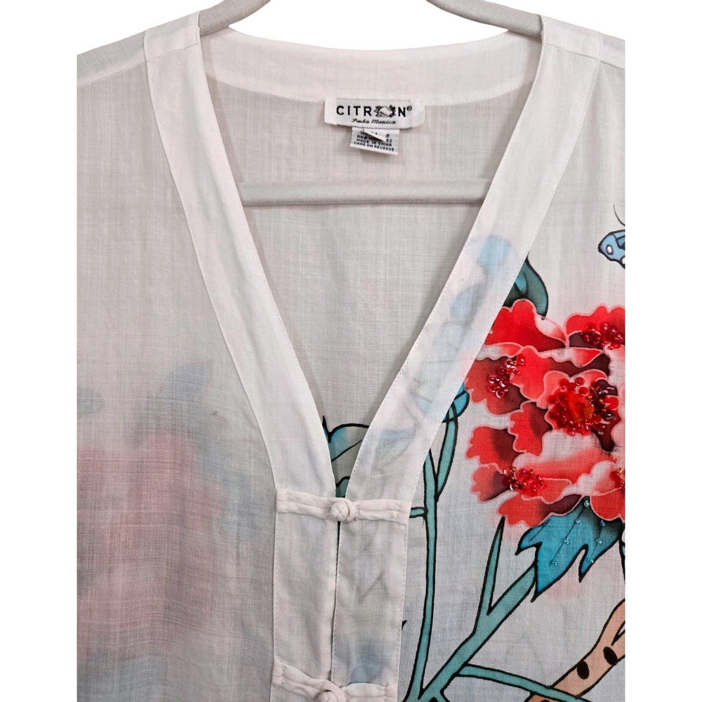 Citron Artsy Ramie Floral Butterfly Beaded Frog Button Kimono Tunic Women's M - Picture 2 of 9